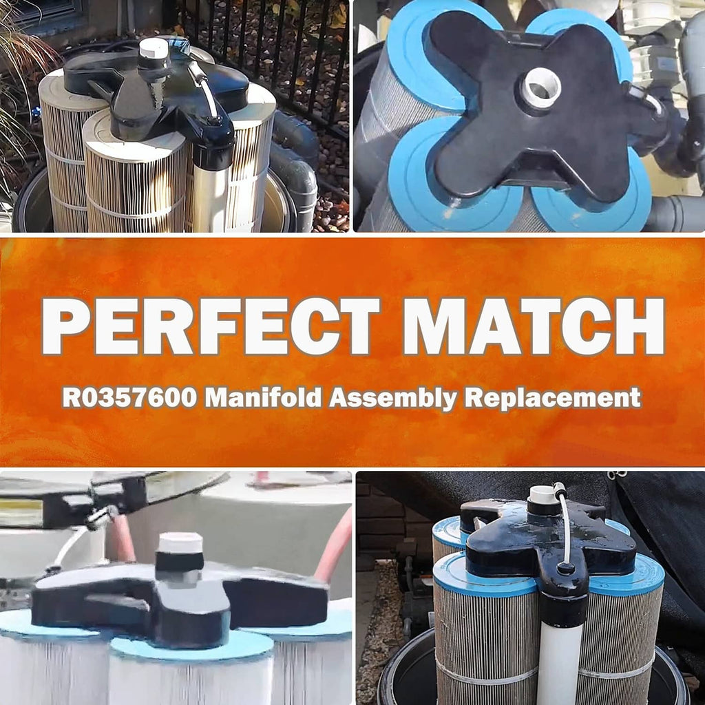 Black manifold assembly replacement for cartridge filter with outlet tubes on curved arms