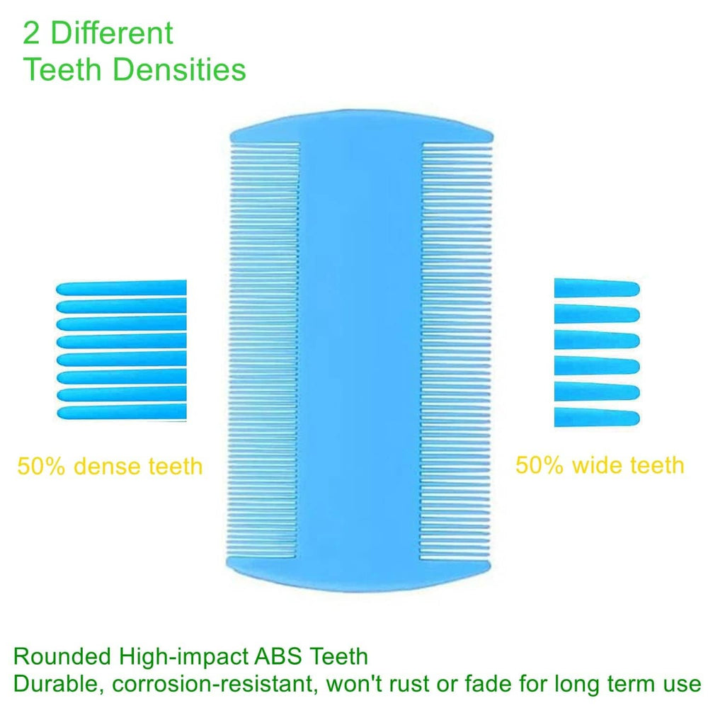 Light blue flea comb with densely spaced rounded stainless-steel teeth and curved grip
