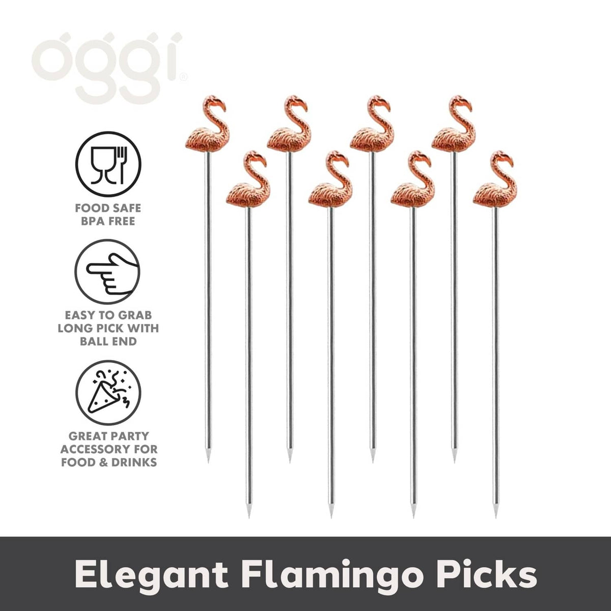 Rose gold flamingo cocktail pick set of 8, metal skewers with flamingo heads