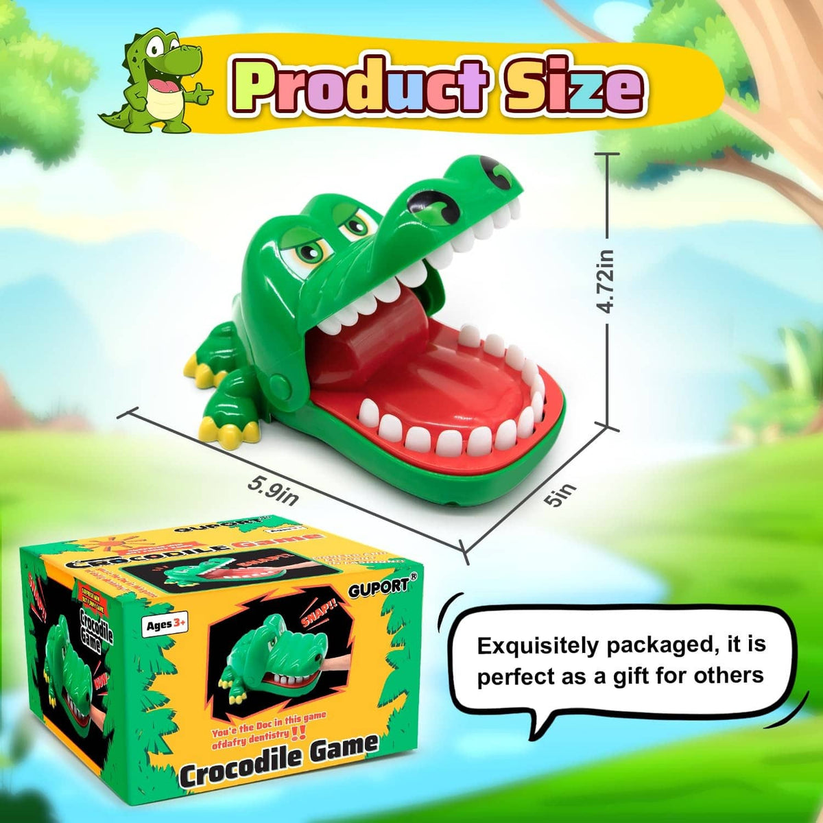 Green crocodile tooth game toy with open jaws and red mouth tray