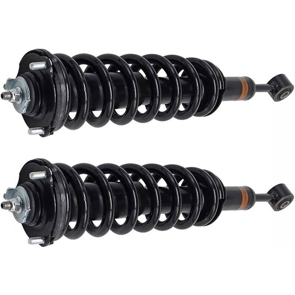 Pair of black coil spring strut assemblies with orange damper ring and top bracket