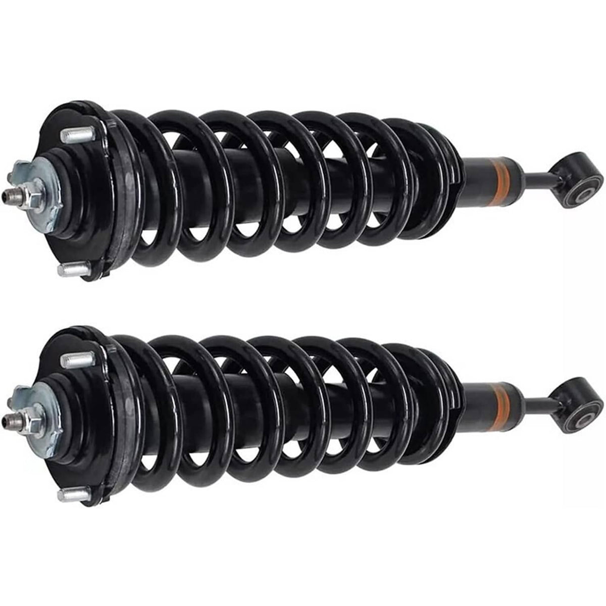Pair of black coil spring strut assemblies with orange damper ring and top bracket
