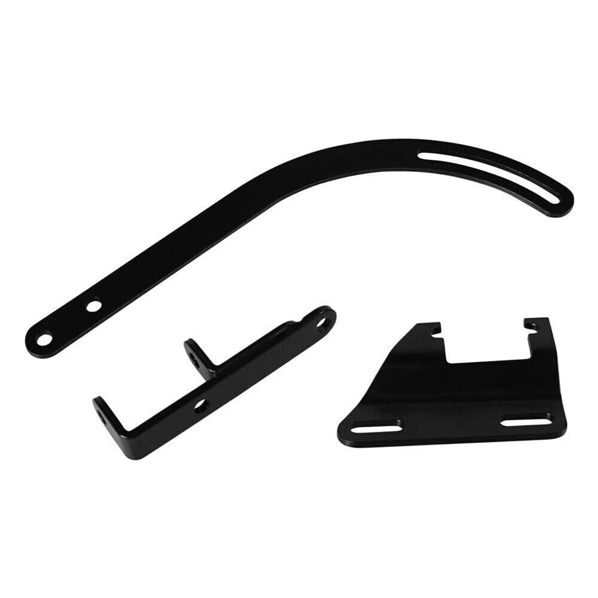Black alternator bracket kit showing curved strap, U-bracket, and base plate