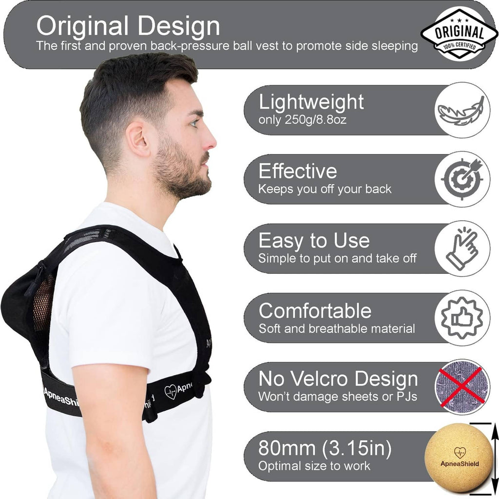 Side-sleeping position trainer harness, black mesh back panel with front straps