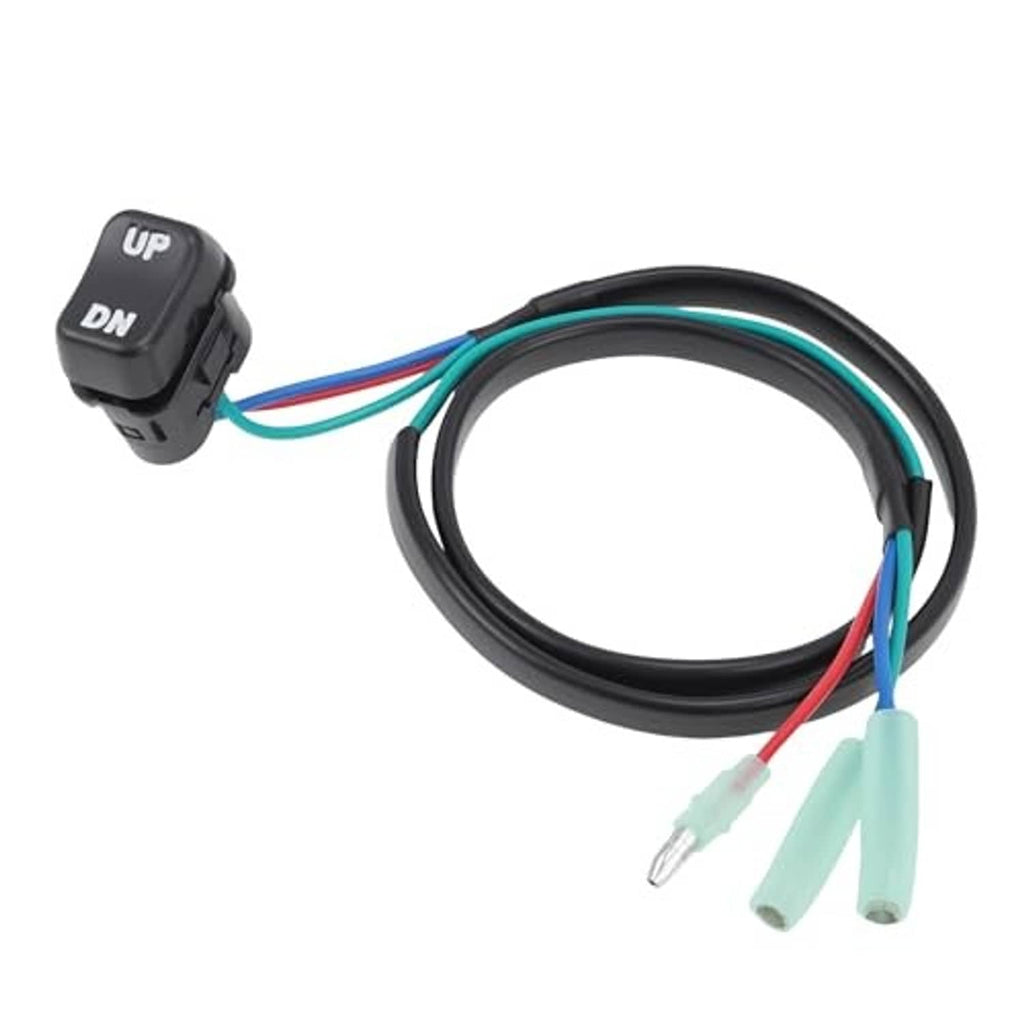 Boat trim tilt switch with wiring harness, black switch labeled UP/DN and multi-color leads