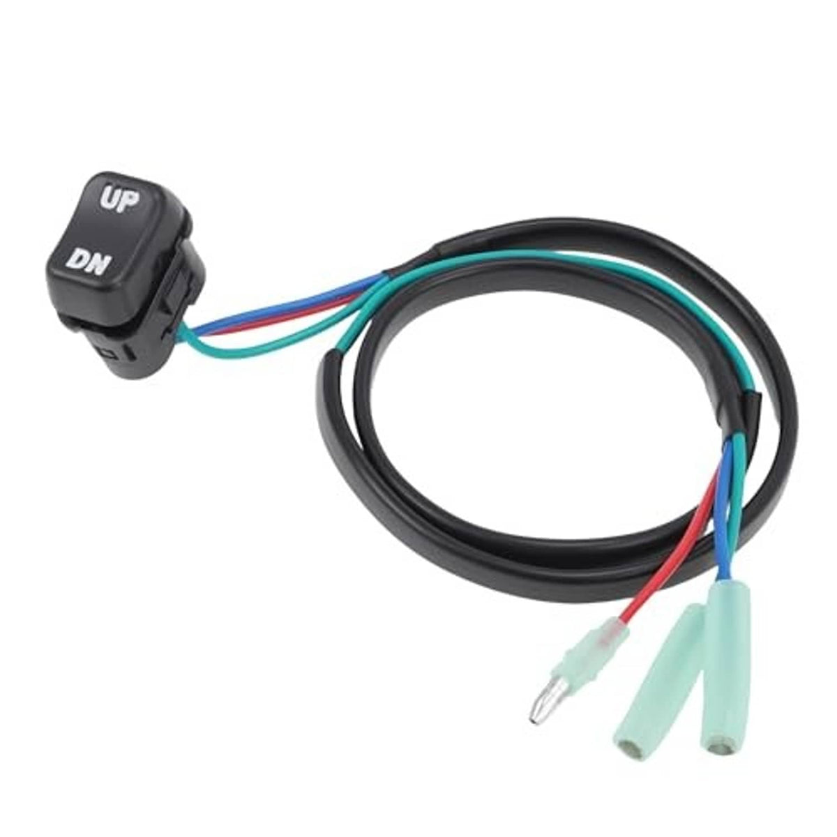Boat trim tilt switch with wiring harness, black switch labeled UP/DN and multi-color leads