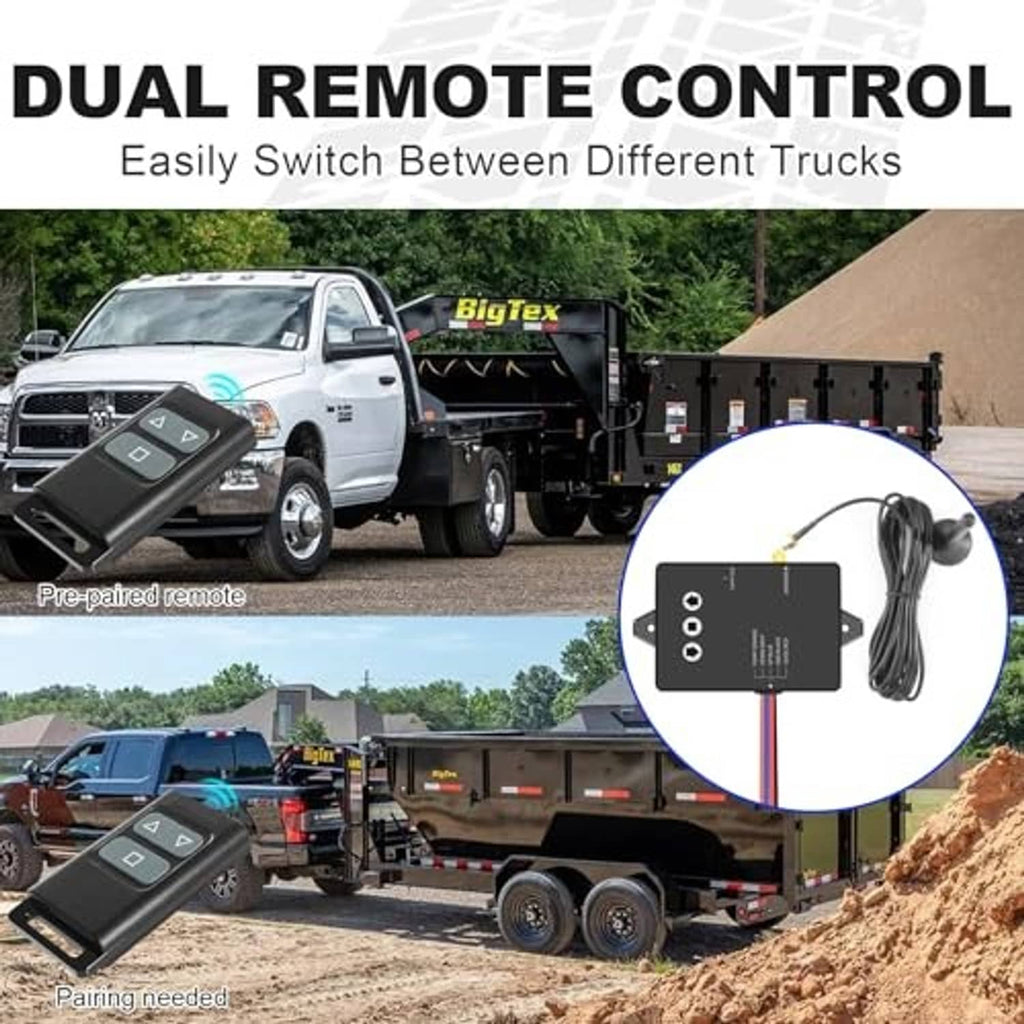 Two handheld remote controls for dump trailer operation, with up and down keys