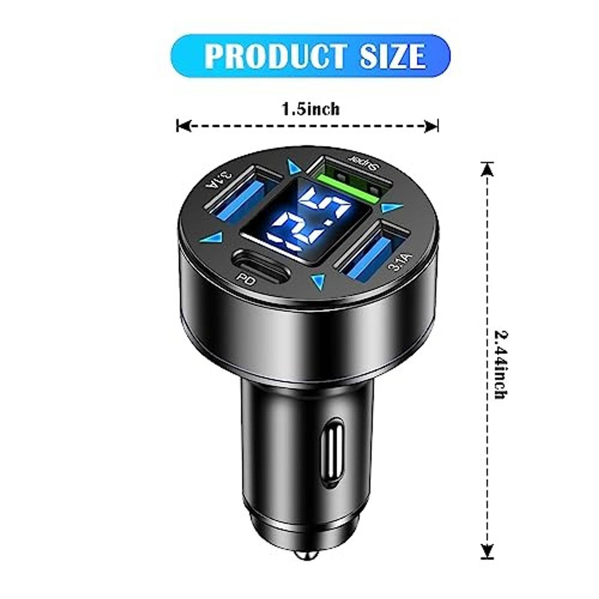 Car charger with LED voltmeter display, size diagram showing 2.4 inch length