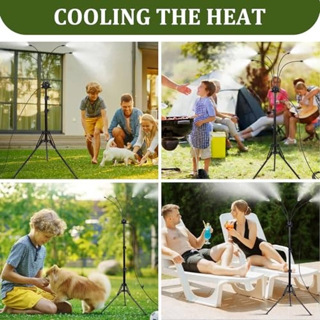 Outdoor misting system tripod stand producing mist for cooling outdoors