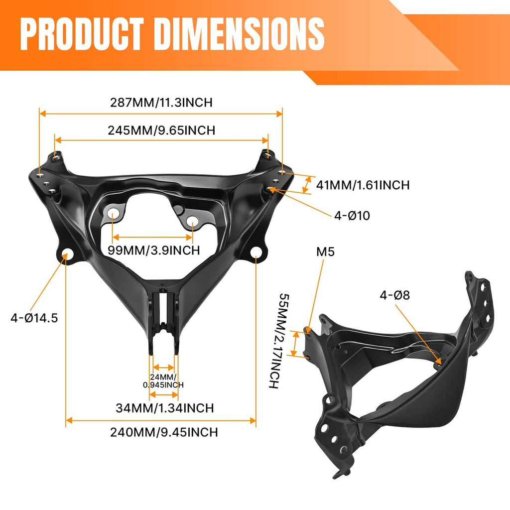 Black headlight fairing stay bracket dimensions diagram with hole measurements