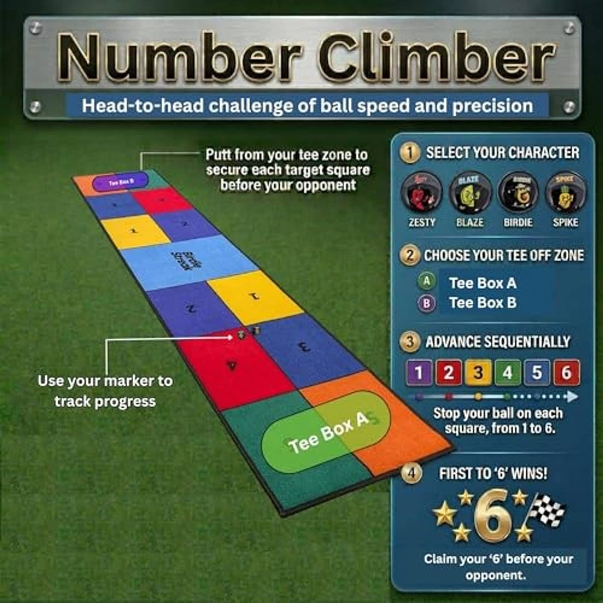 Multicolor golf putting mat with numbered squares and three cup targets, game card shown