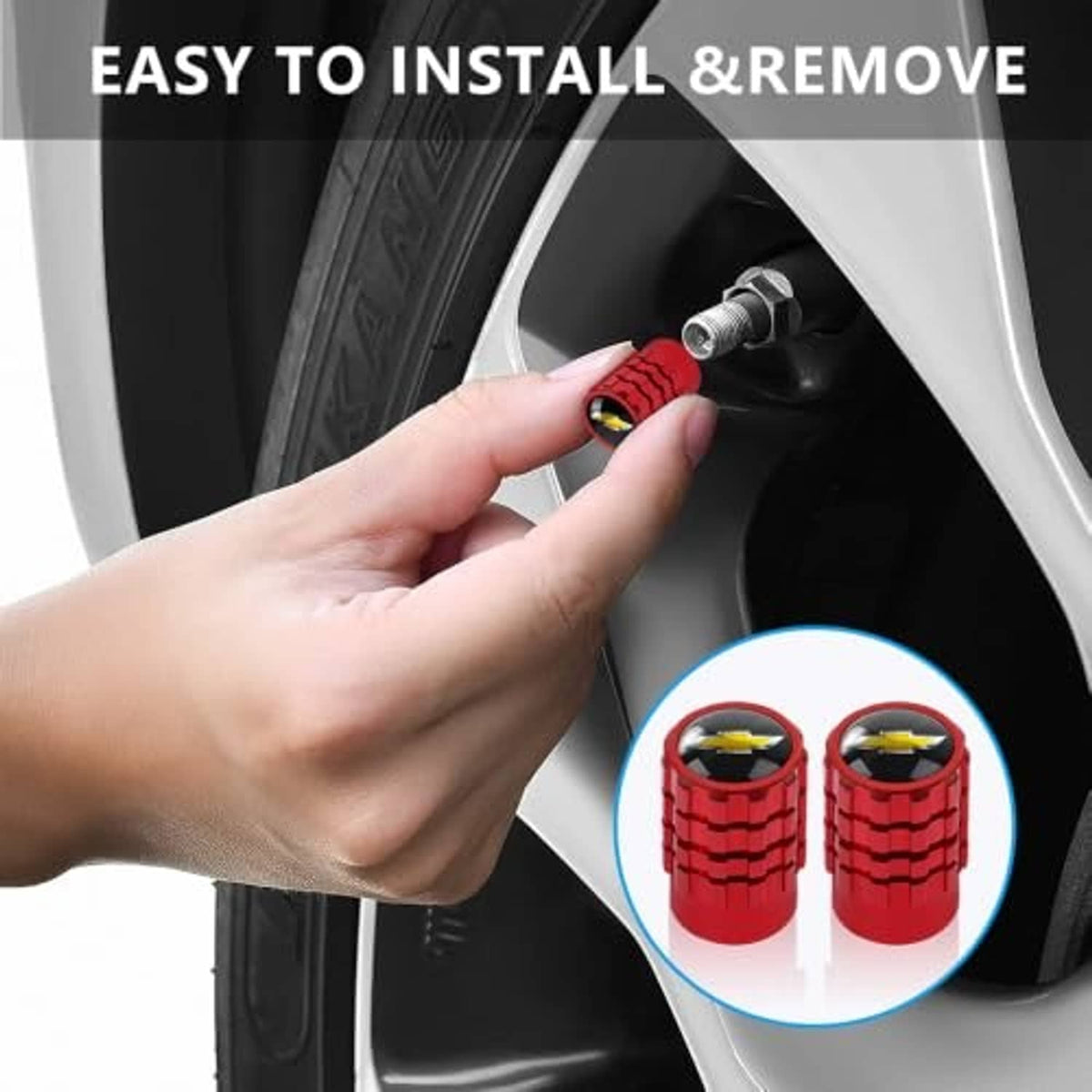 Red tire valve stem cap with yellow lightning icon being installed by hand