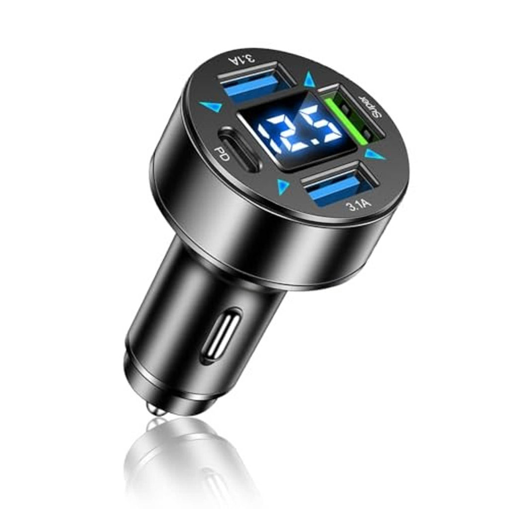 Car USB charger with blue LED voltmeter screen, black and silver metal design