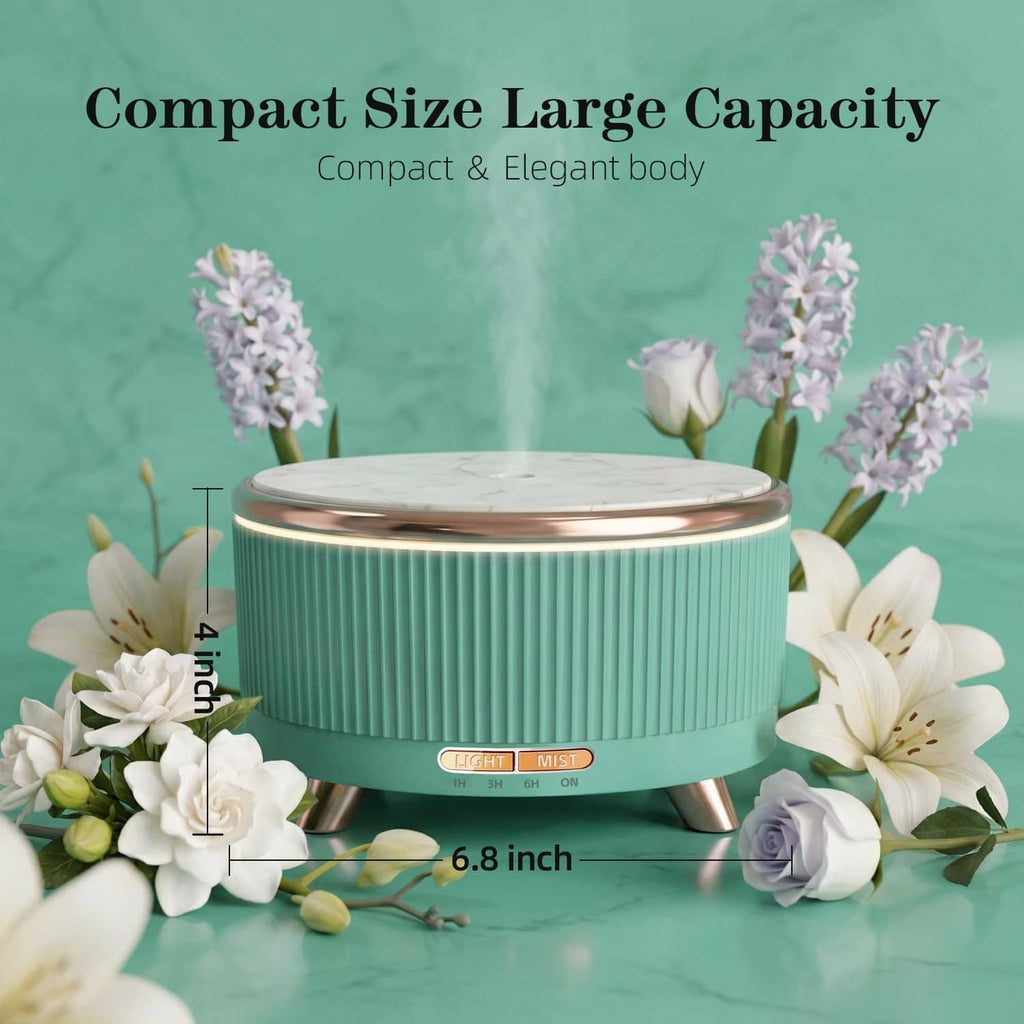 Emerald aqua essential oil diffuser with mist and marble lid with floral accents