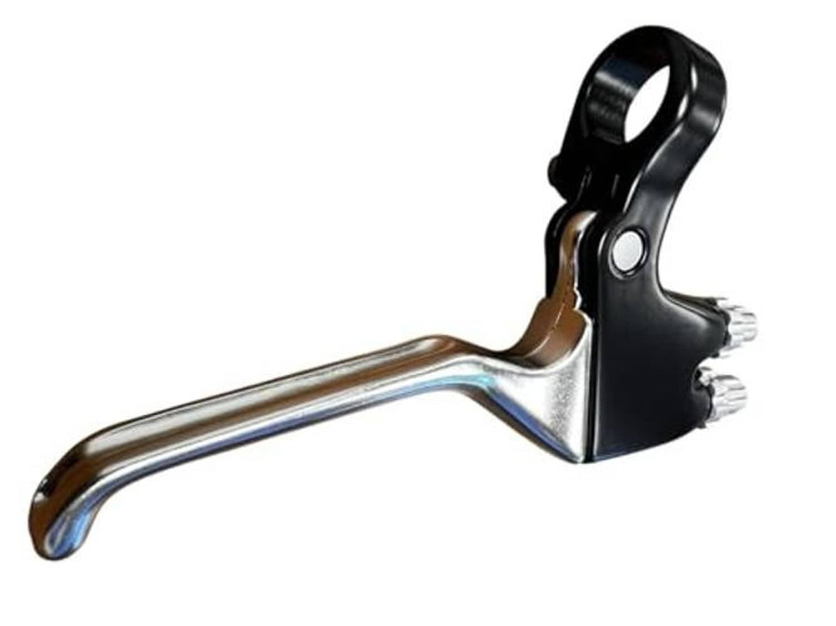 Bicycle brake lever close-up, black body with long silver curved lever blade