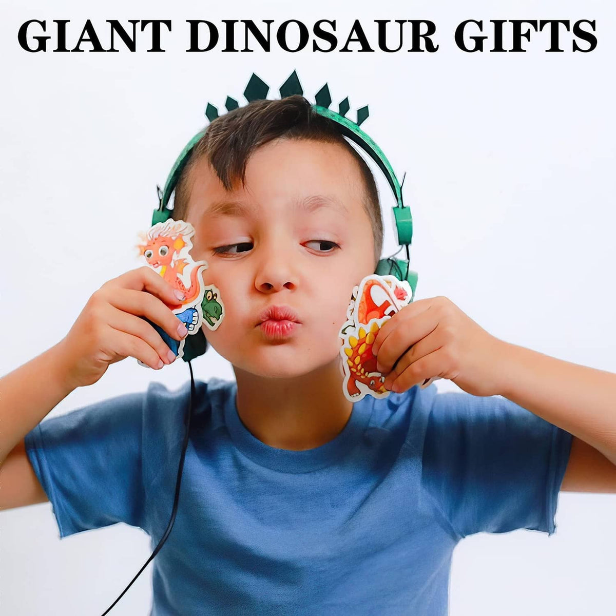 Green dinosaur kids wired headphones on a child, over-ear headphone style