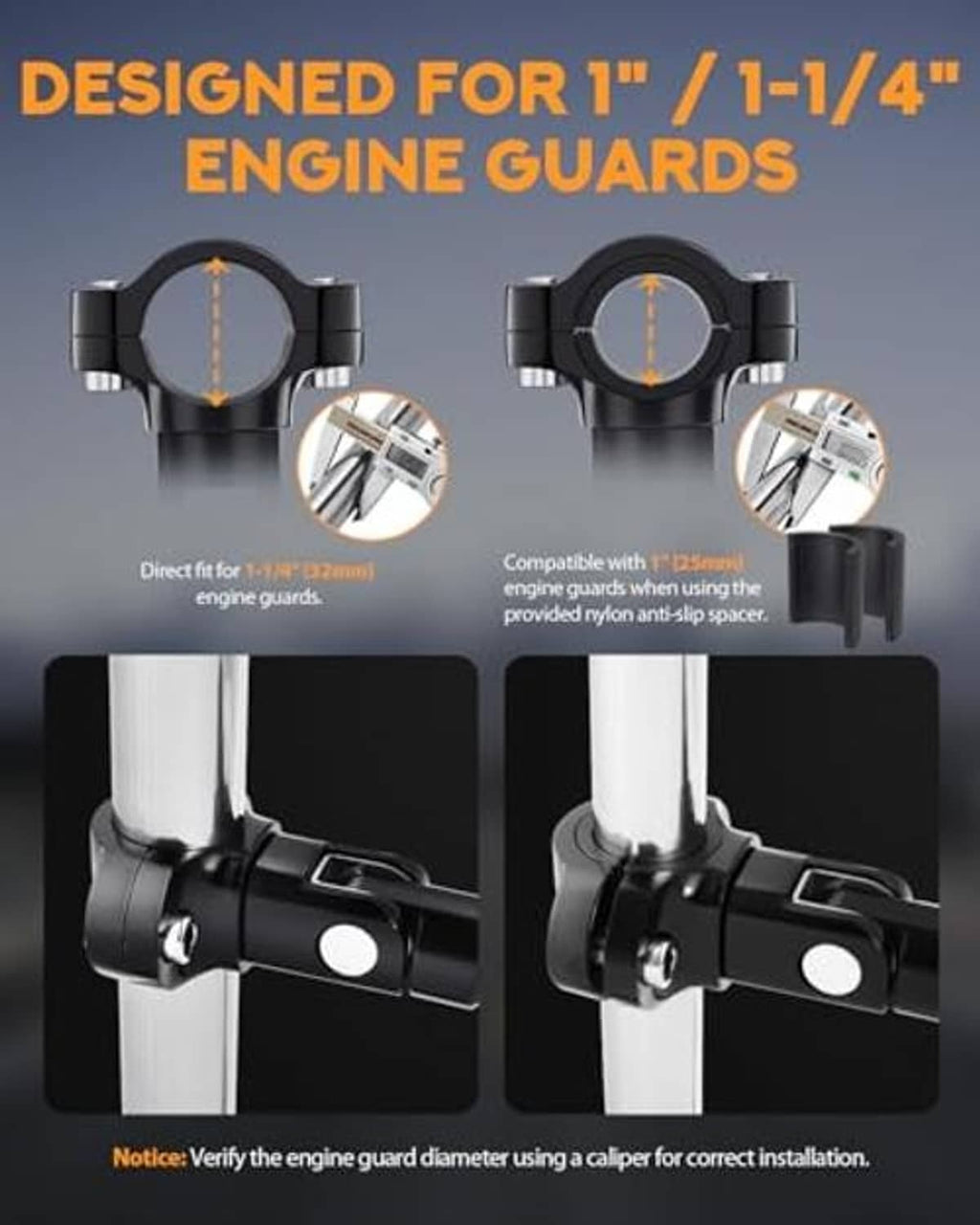 Black clamp-style highway footpegs for engine-guard tube mounting