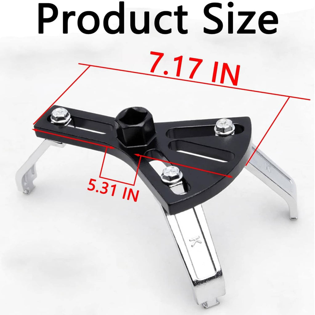 Fuel tank lid removal tool with black top plate, silver feet, and hex bolts