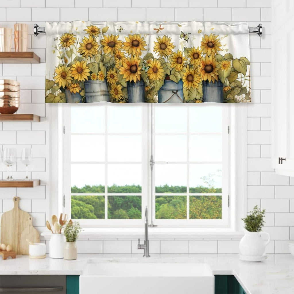 Sunflower printed window valance with yellow flowers and blue bucket design on a white header