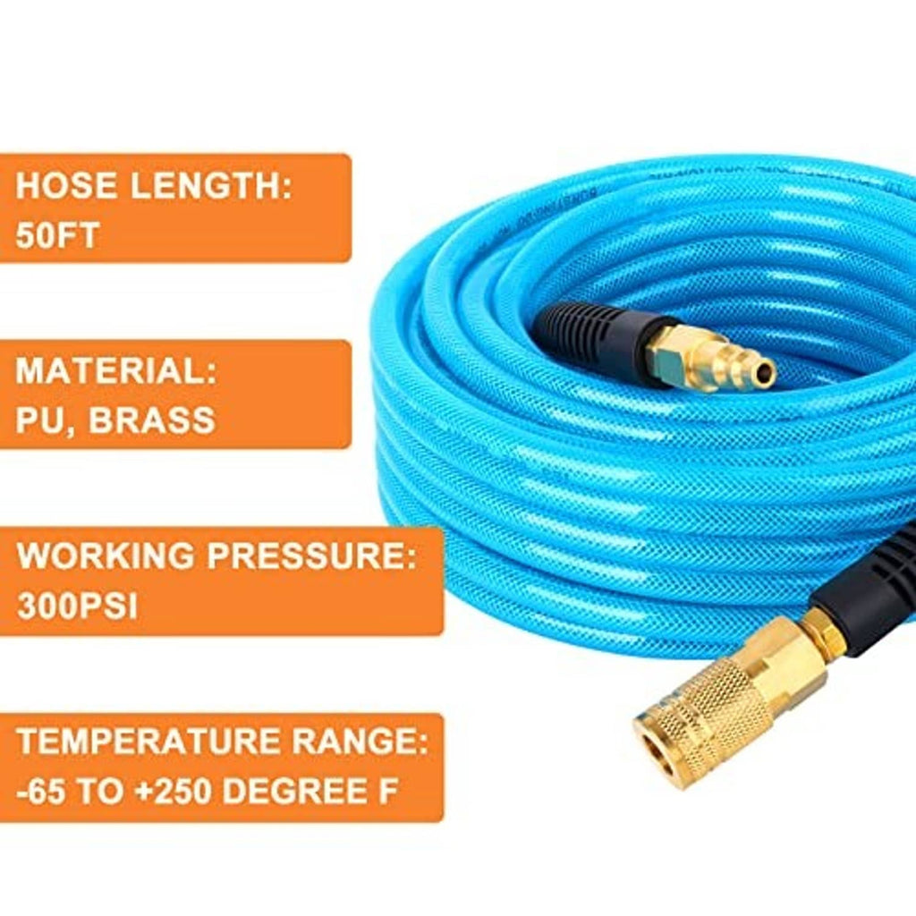 Coiled blue polyurethane air hose with brass connectors and black end fittings