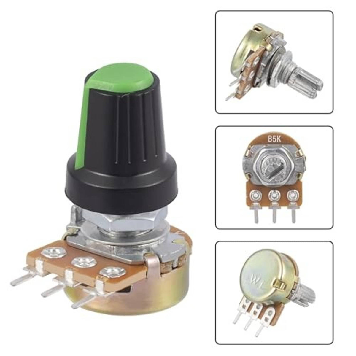 Green-capped 3-pin potentiometer with silver threaded shaft and metal base