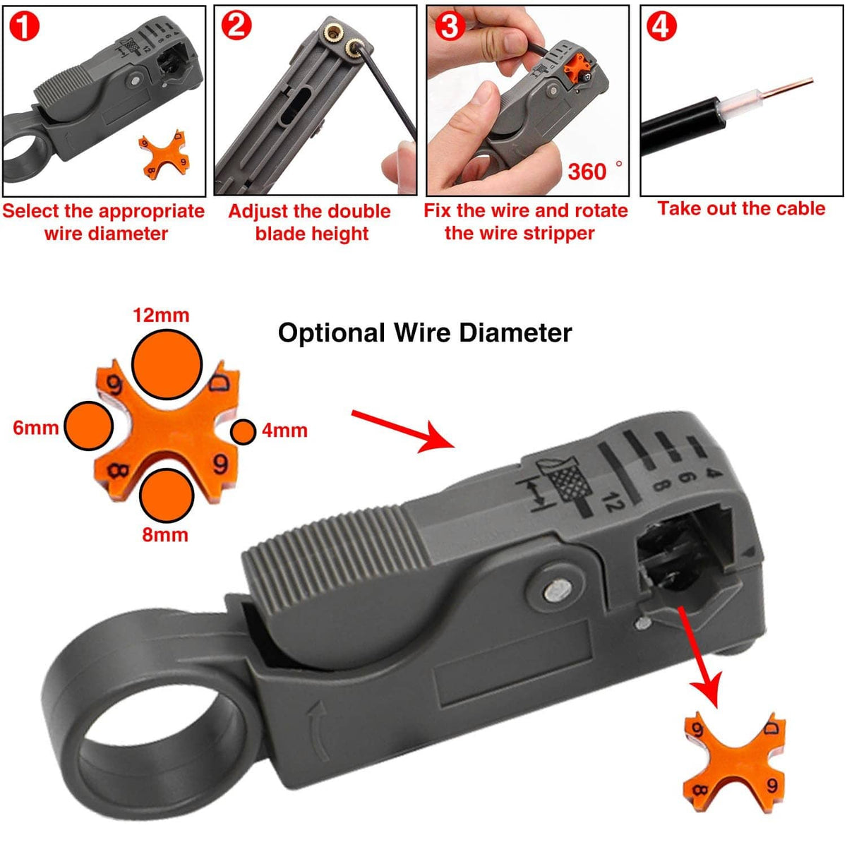 Adjustable coaxial BNC crimp tool head with orange gauge and wire stripper tool