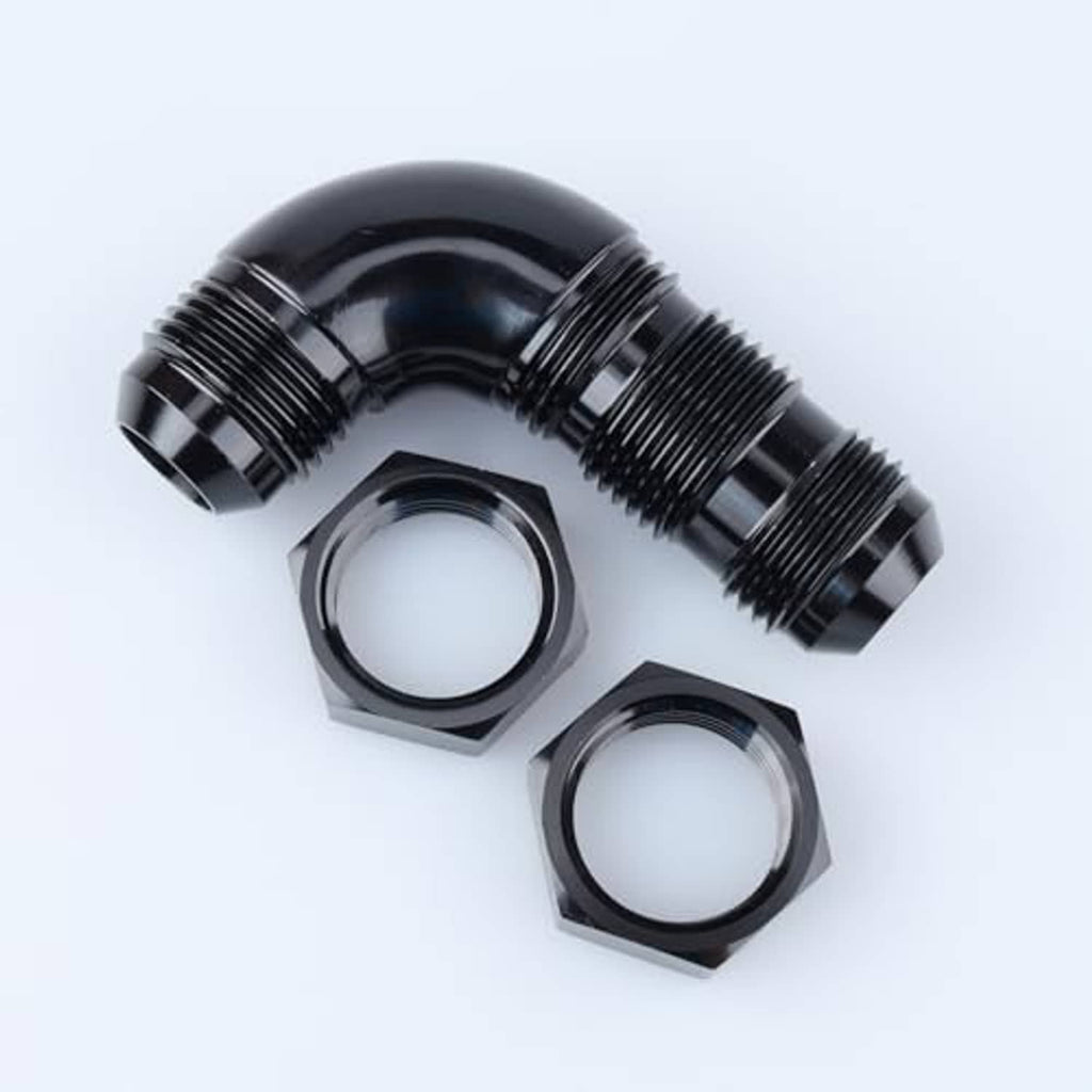 Black AN elbow fitting with two hex mounting nuts, curved 90-degree shape