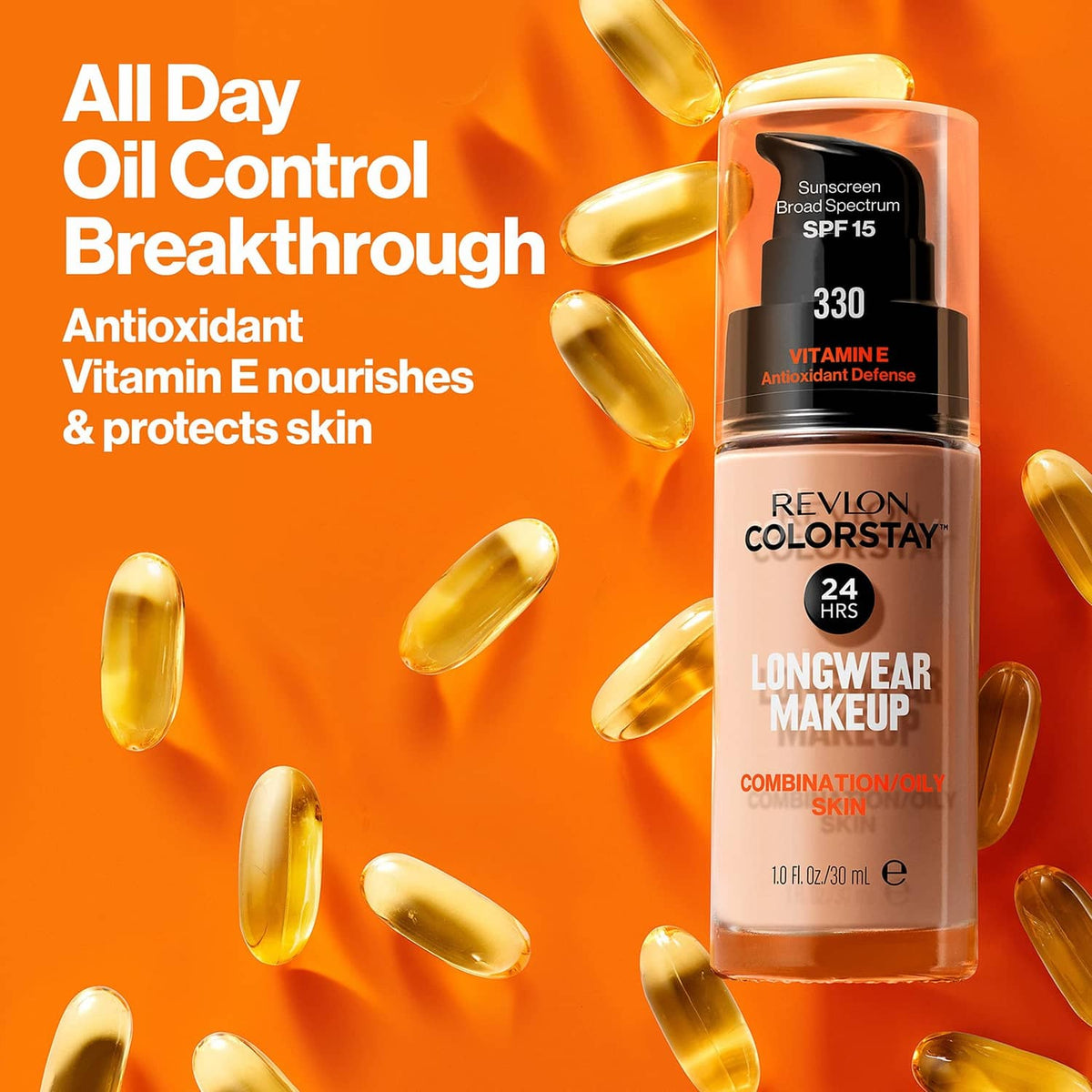 Revlon ColorStay longwear liquid foundation bottle with golden liquid droplets