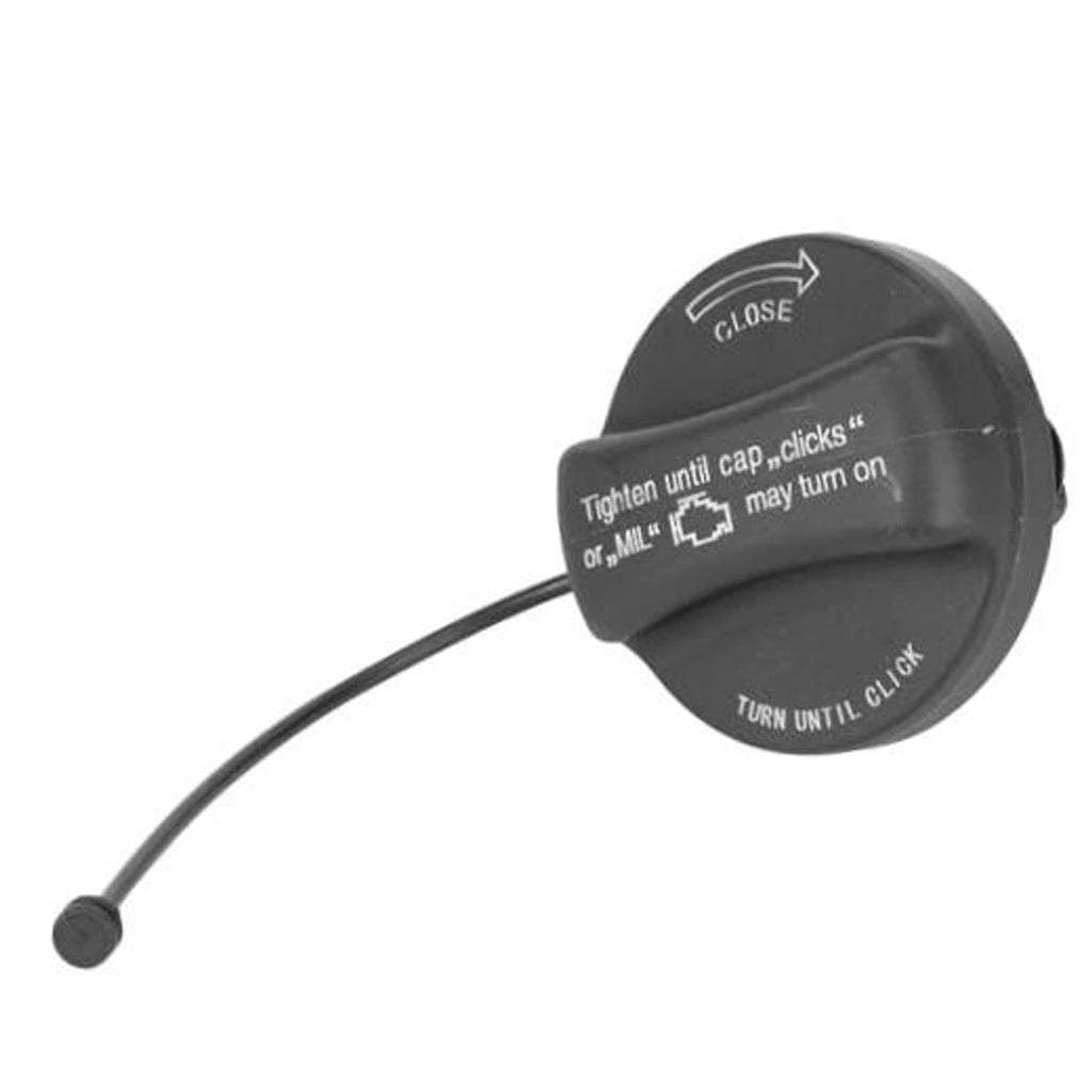 Black fuel tank filler cap with tethered handle, labeled CLOSE and TURN UNTIL CLICK