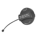 Black fuel tank filler cap with tethered handle, labeled CLOSE and TURN UNTIL CLICK