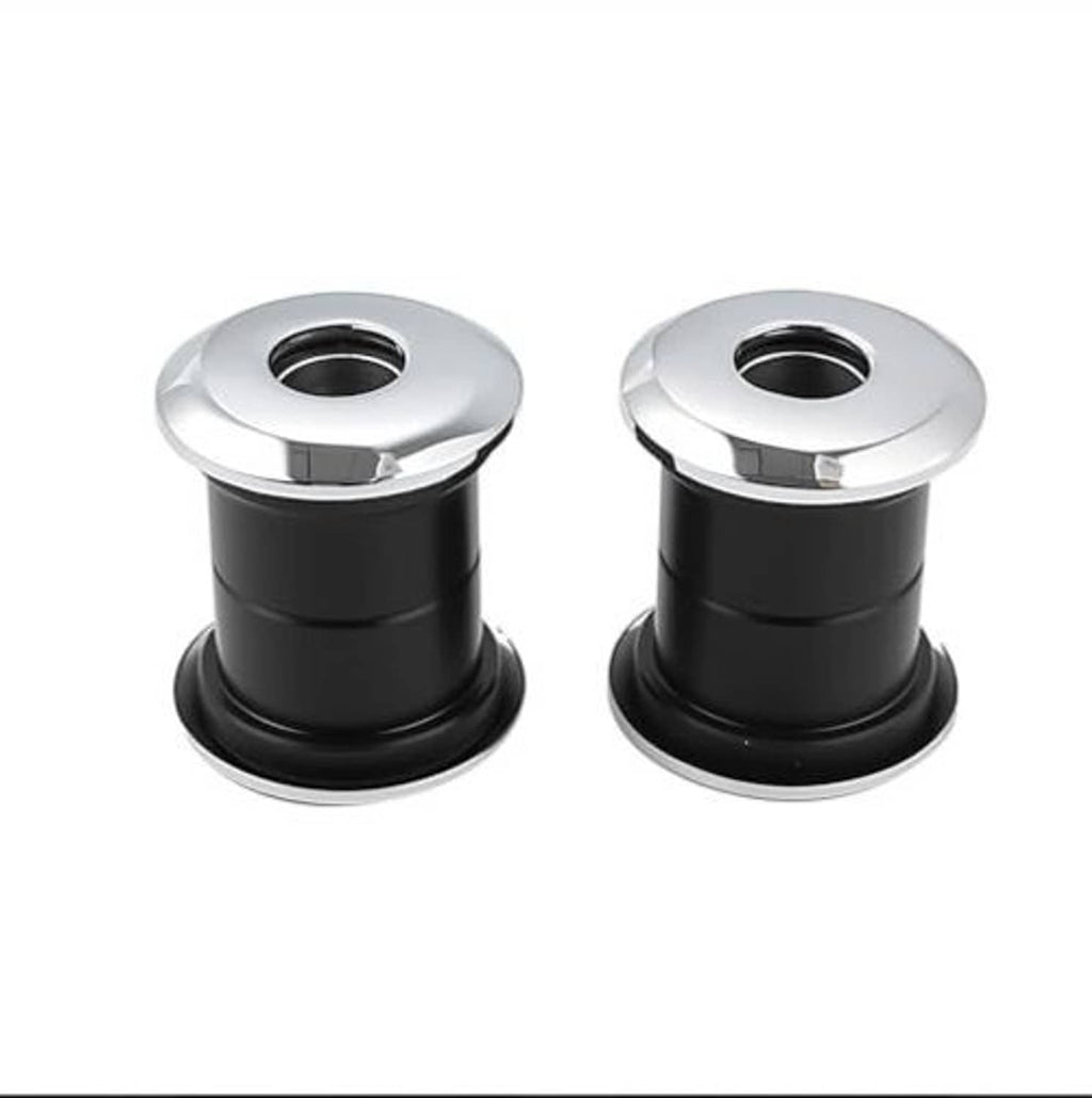 Set of handlebar riser bushings with black sleeves and chrome flanged tops, two pcs