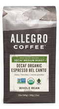 Allegro whole bean decaf organic espresso coffee bag, medium roast, 12 oz