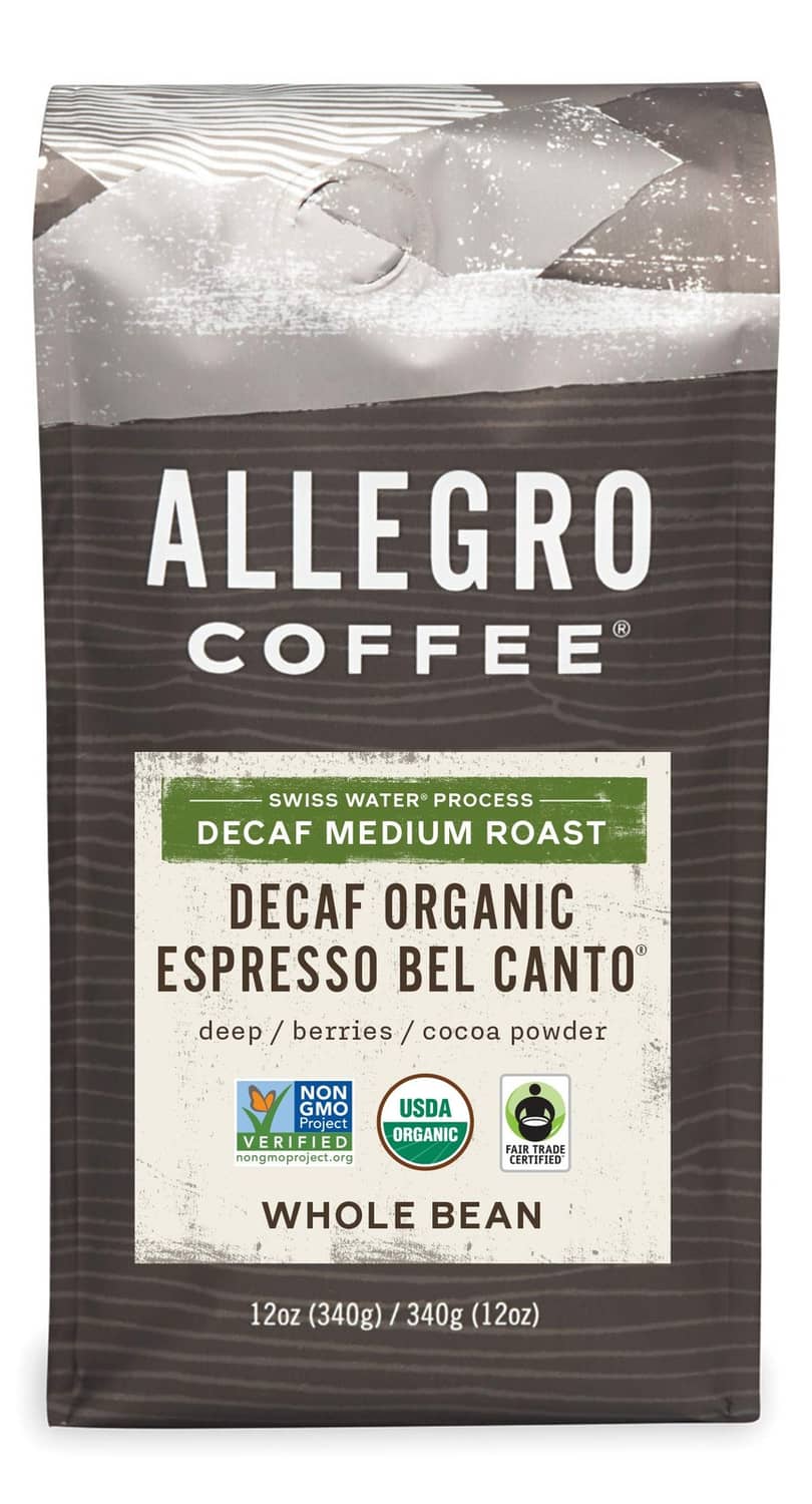 Allegro whole bean decaf organic espresso coffee bag, medium roast, 12 oz