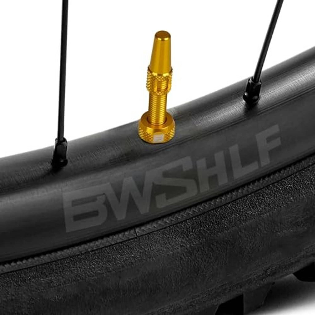 Golden Presta valve stem installed on black rim, tubeless valve detail