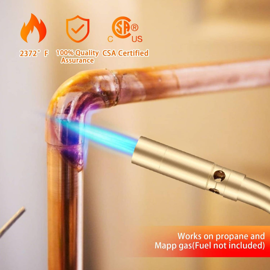 Solid brass propane torch head heating a copper pipe with blue flame
