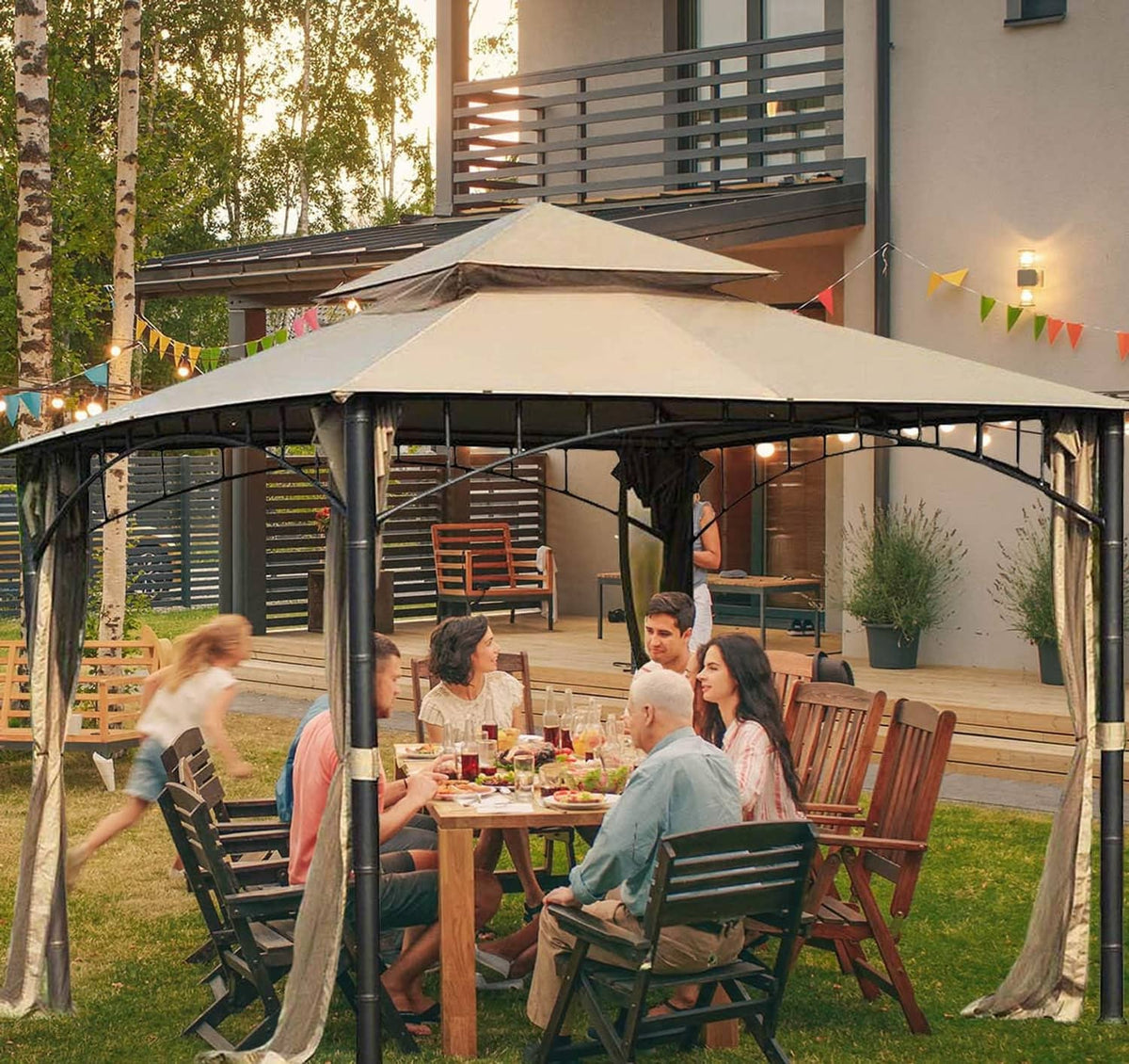 Beige replacement gazebo canopy cover over patio dining area