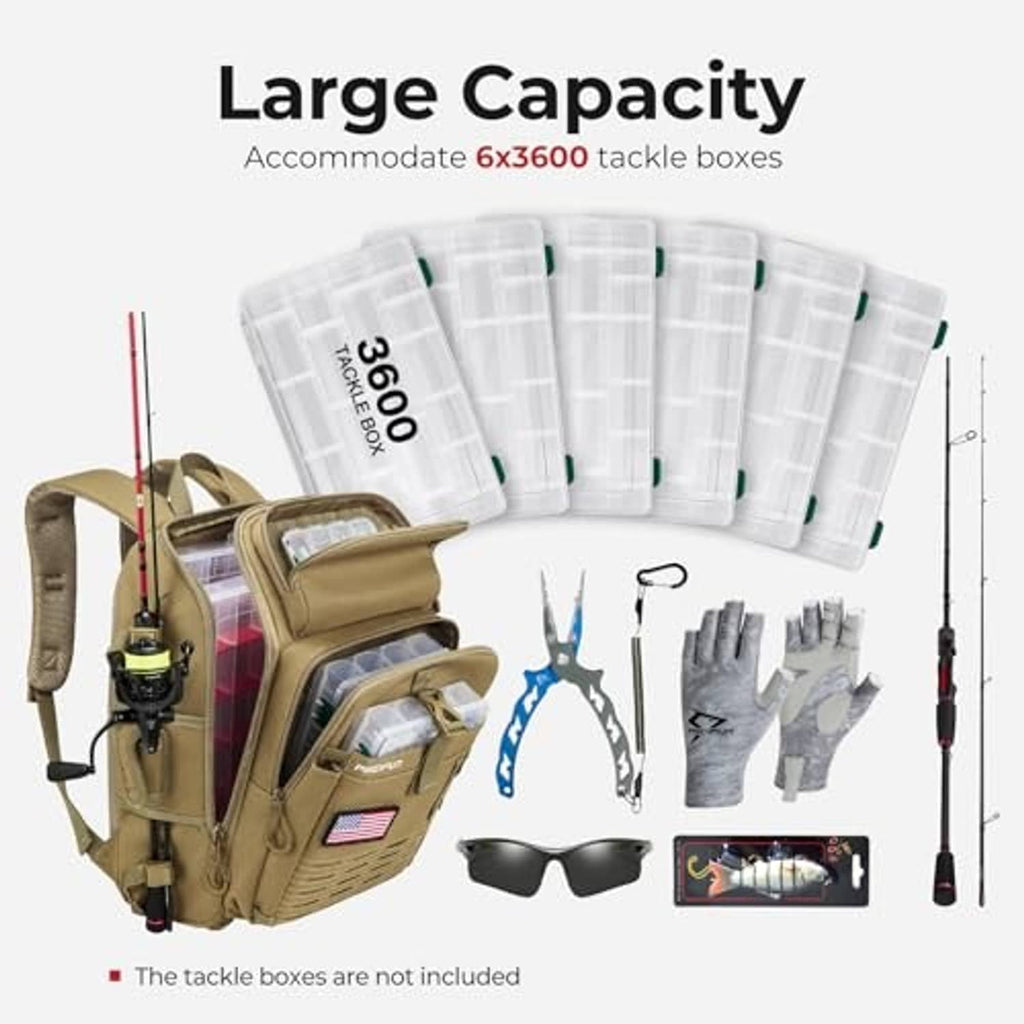 Khaki fishing tackle backpack with large gear storage and front rod holder