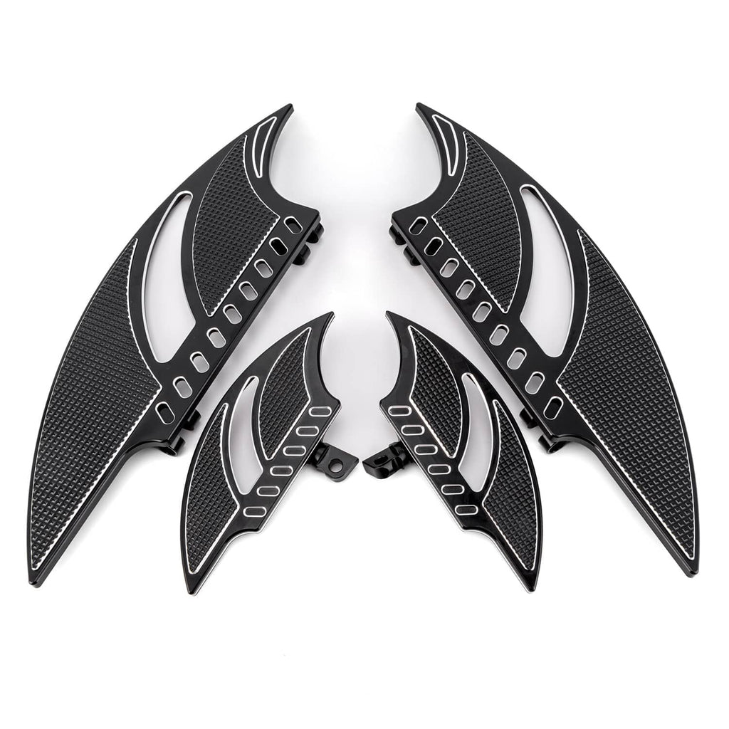 Black motorcycle floorboard panels with textured grip and silver accent inserts