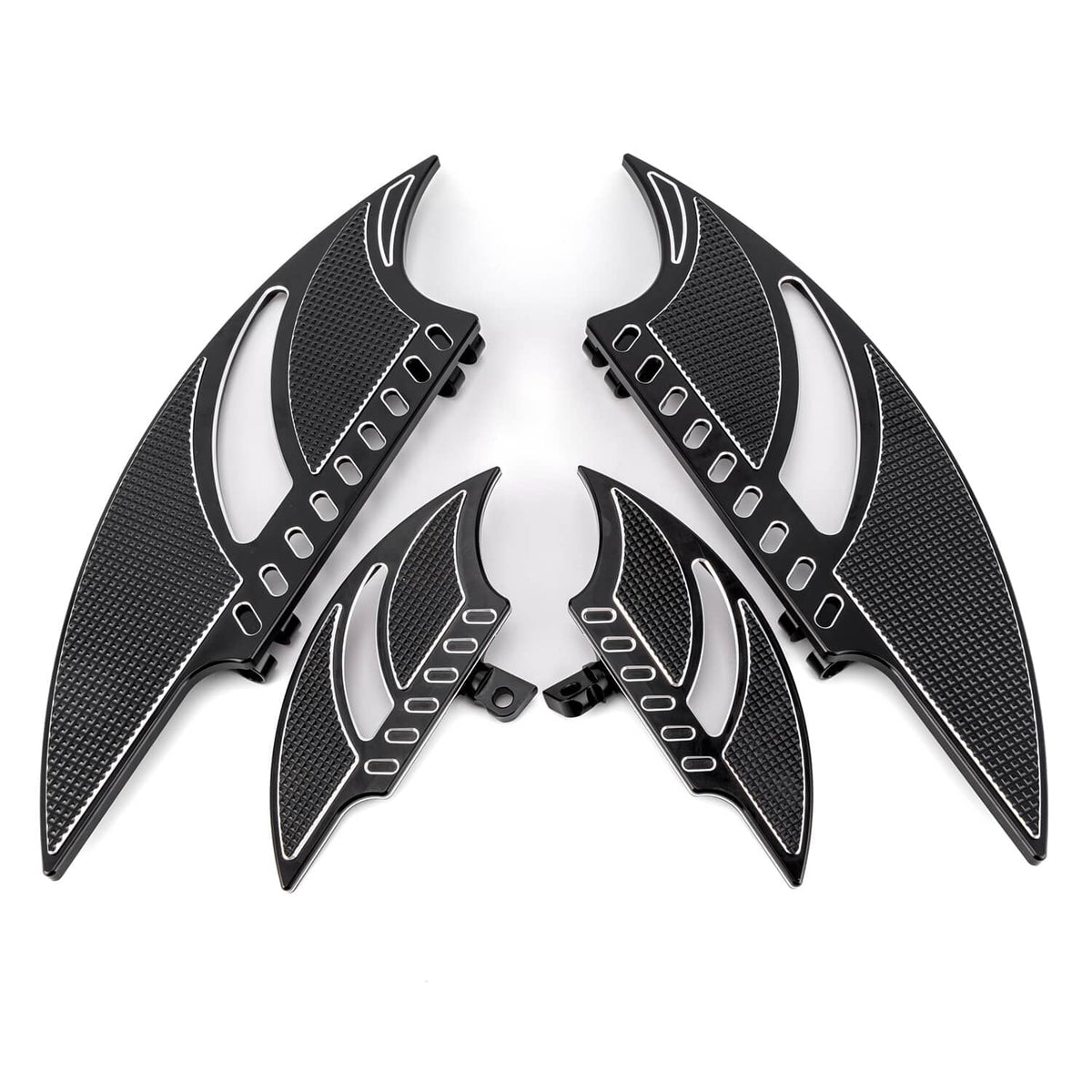Black motorcycle floorboard panels with textured grip and silver accent inserts