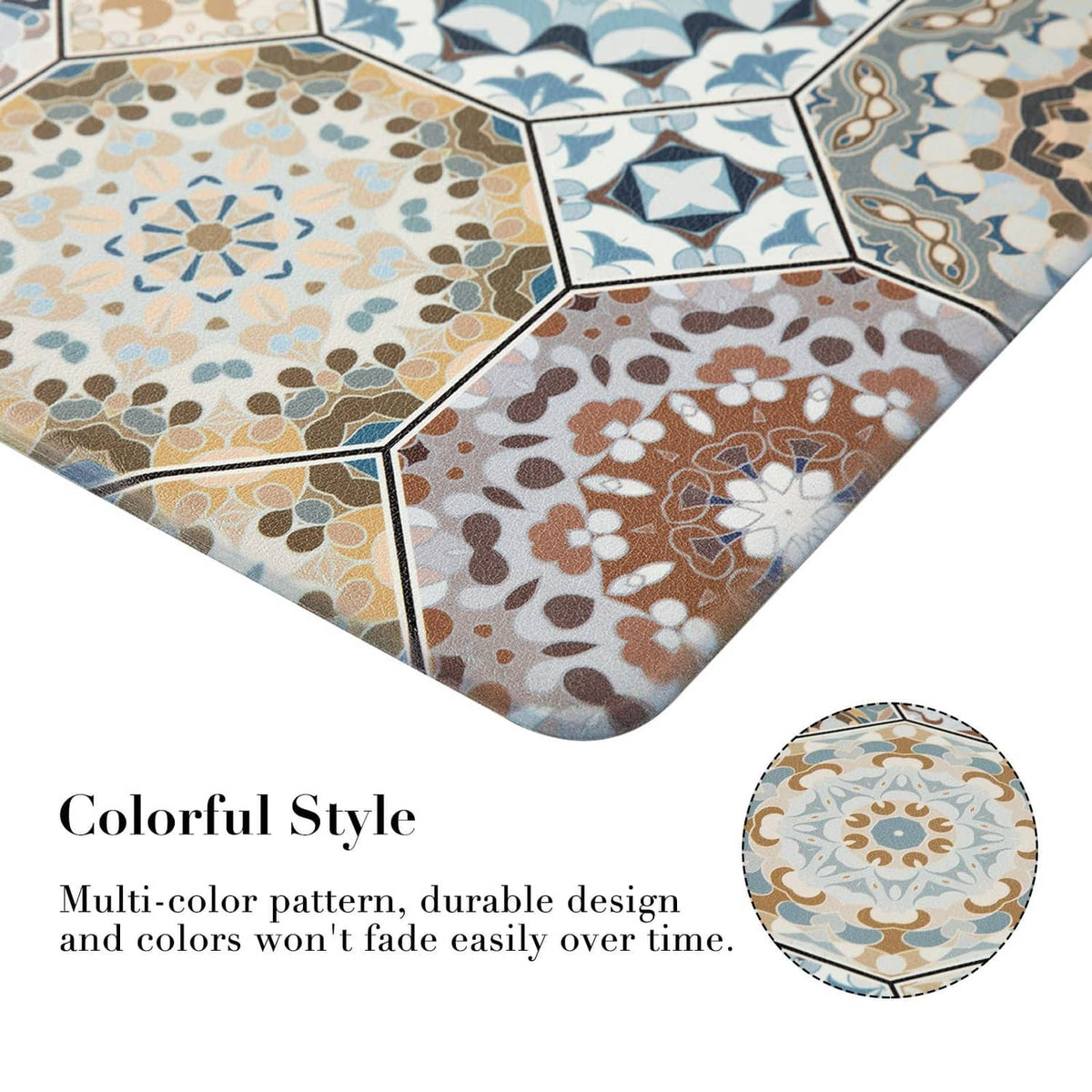 Close-up of multi-color tile-pattern kitchen rug corners