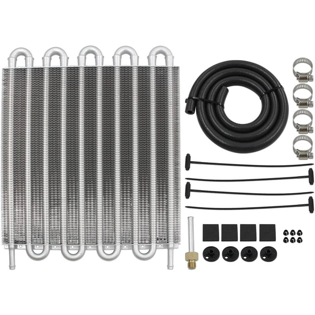 Oil cooler radiator kit with finned aluminum core, black hose, clamps, and bolts
