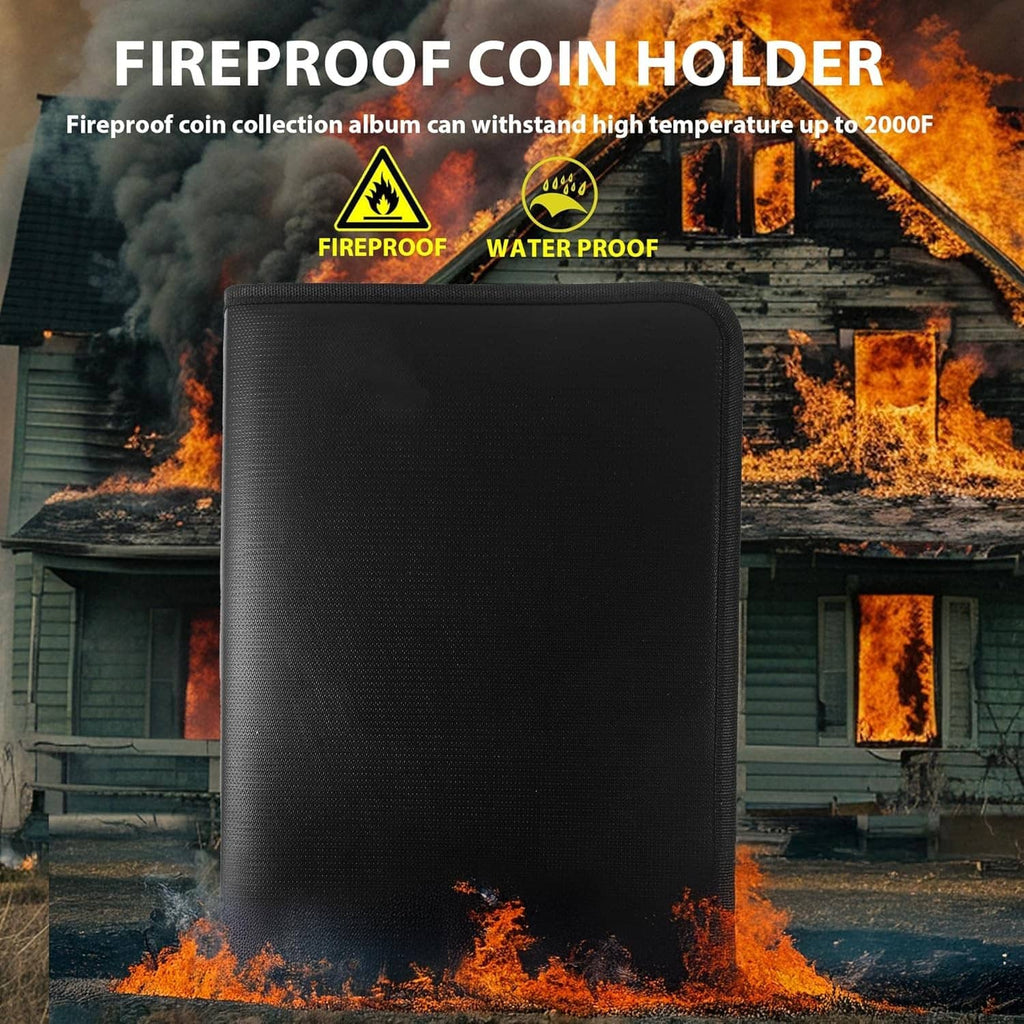 Fireproof coin holder album, closed black textured cover with zipper.
