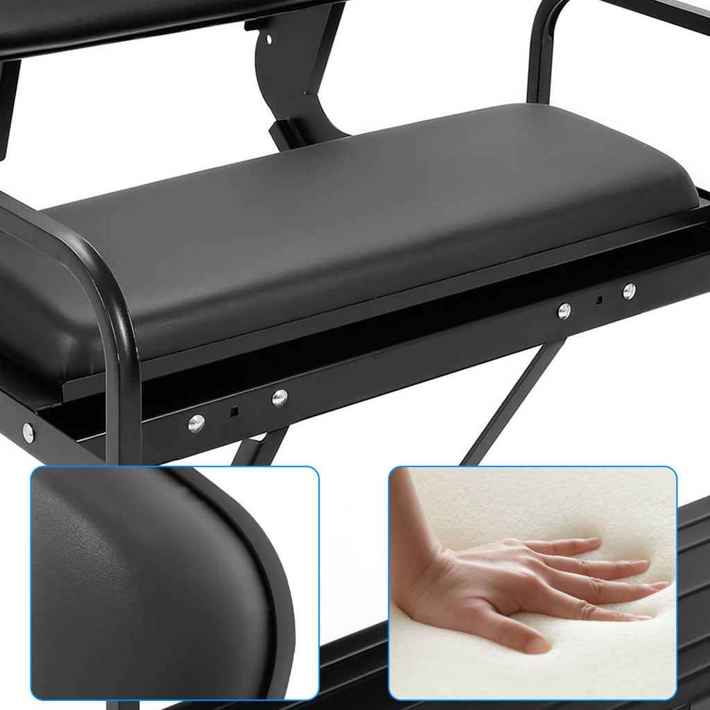 Black padded seat cushion on metal frame with contoured backrest for golf cart