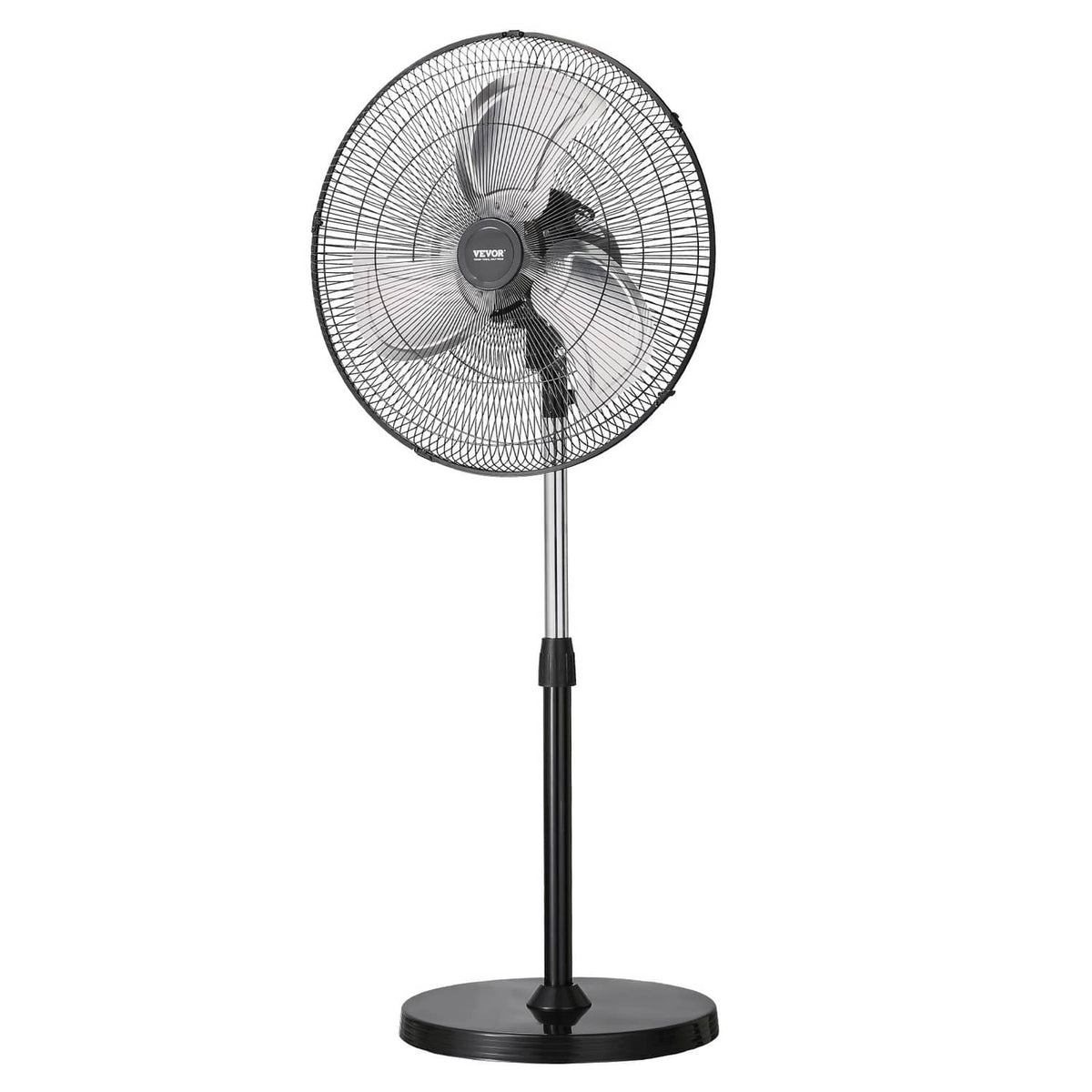 Black pedestal fan with round wire grille, rotating blades, and wide base