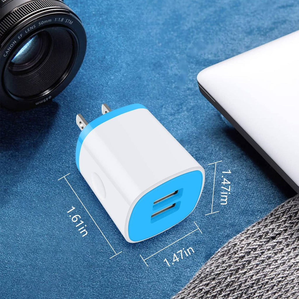 Compact white USB wall charger with blue USB port and two-prong plug