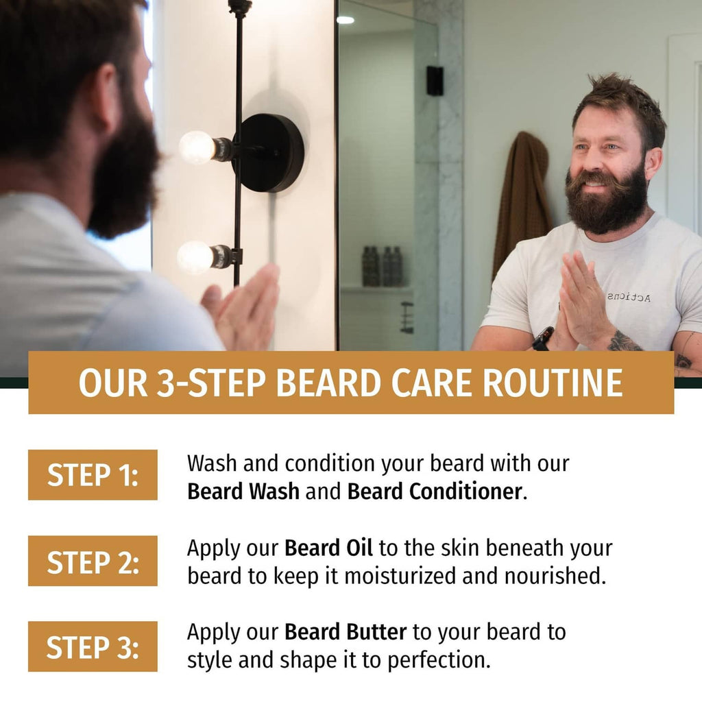 Beard care routine graphic with step list and beard butter application instructions