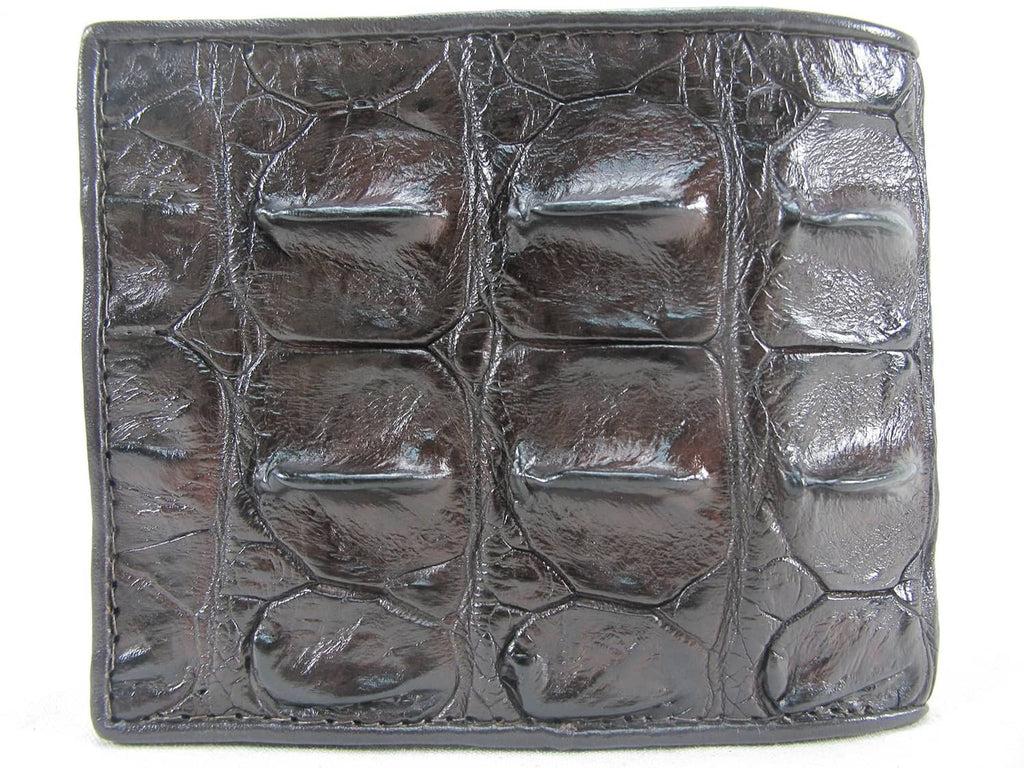 Chocolate brown crocodile-textured wallet with contrast edge stitching and scale embossing