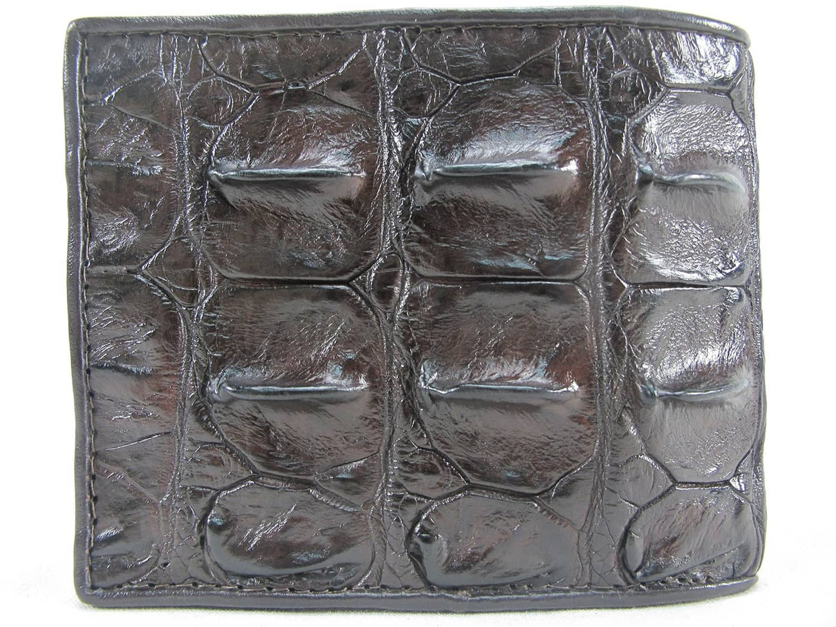 Chocolate brown crocodile-textured wallet with contrast edge stitching and scale embossing