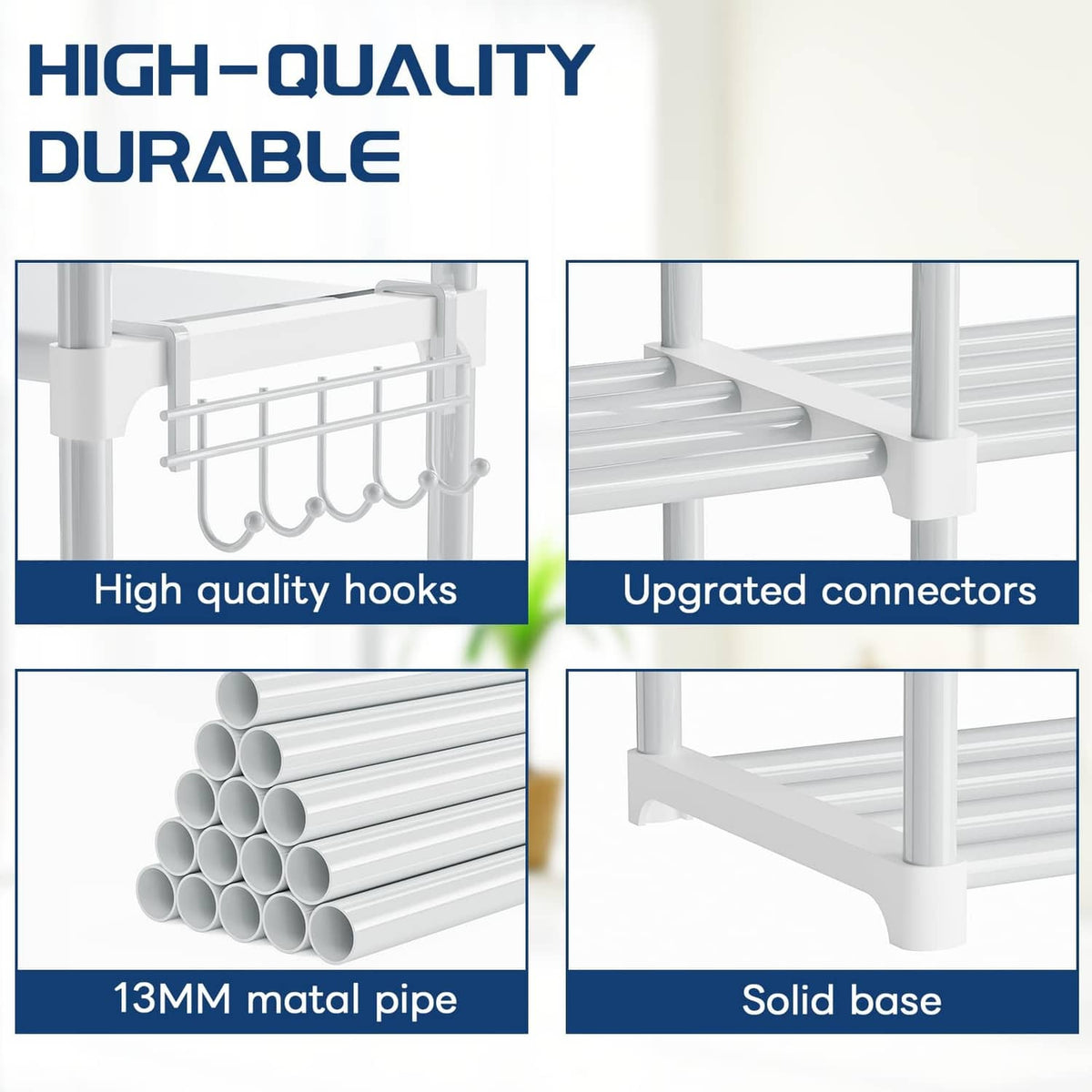 White shoe rack organizer with durable pipe frame, hooks, and solid base