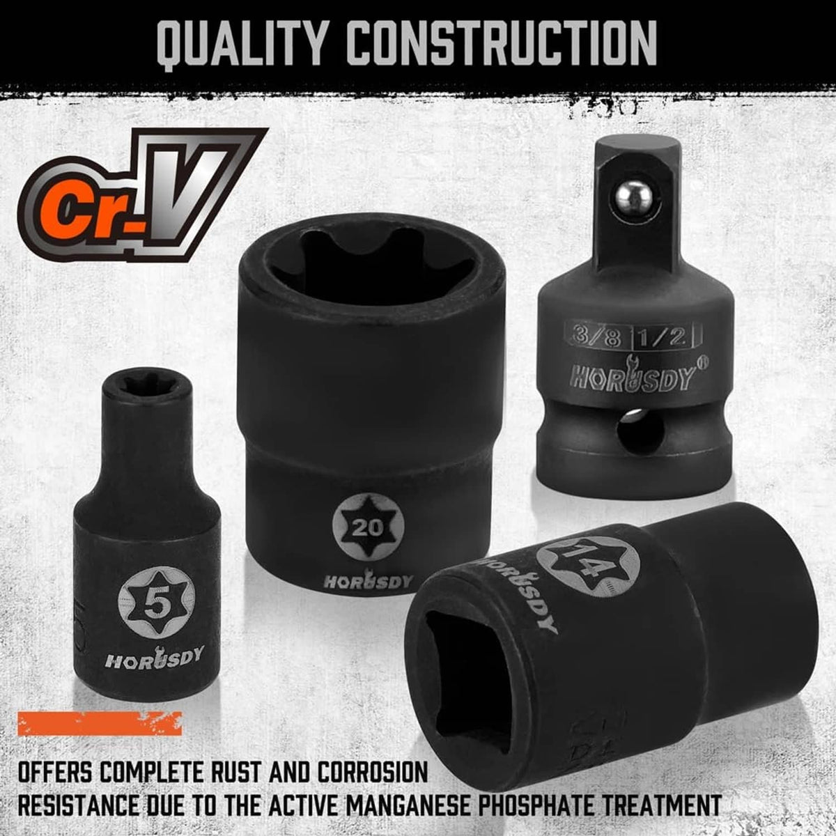 Cr-V Torx bit sockets set with four black sockets and brown hex insert tips